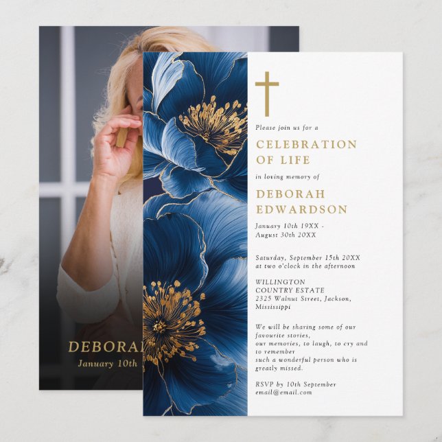Christian Navy Blue Celebration Of Life Photo Invitation (Front/Back)