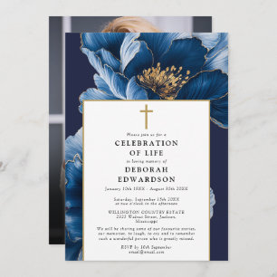 Christian Navy Blue Celebration Of Life Photo Invitation