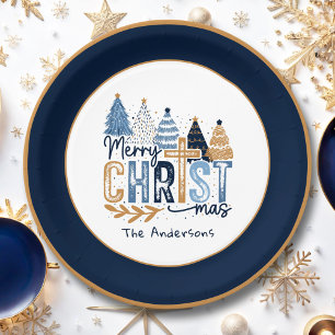 Christian Navy Blue Trees Name Modern Christmas Paper Plates