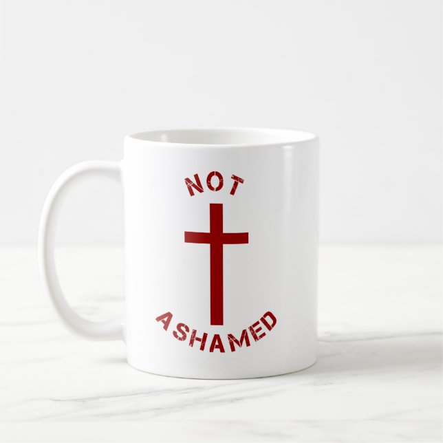 Christian Not Ashamed Red Cross and Bible Verse Coffee Mug (Left)