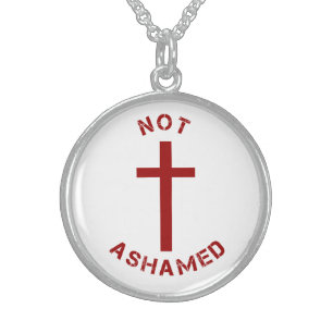 Christian Not Ashamed Red Cross and Text Design Sterling Silver Necklace