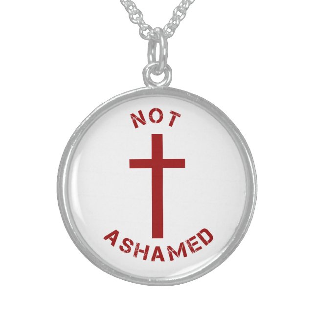 Christian Not Ashamed Red Cross and Text Design Sterling Silver Necklace (Front)