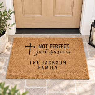 Christian Not Perfect Just Forgiven Family Name Fiber Doormat