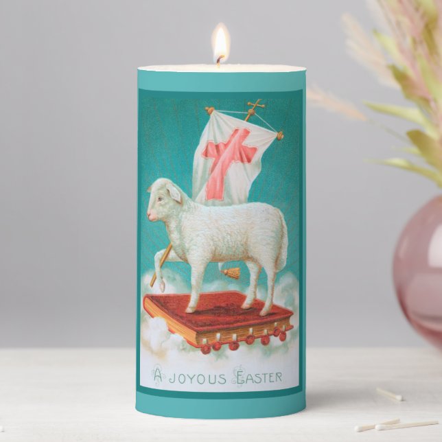 Christian Pascal Lamb Joyous Easter 3"x6" Pillar Candle (In Situ)