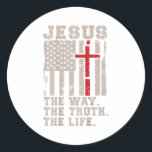 Christian Patriotic Jesus Way Truth Life American  Classic Round Sticker<br><div class="desc">Christian Patriotic Jesus Way Truth Life American Flag Cross _1</div>