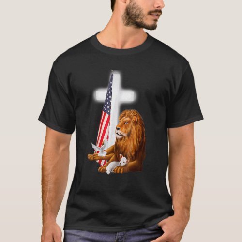 Christian Patriotic Lion And Lamb Cross Sheep Dove T_Shirt