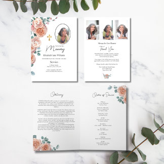 Christian Peach Rose Funeral Order of Service  Card