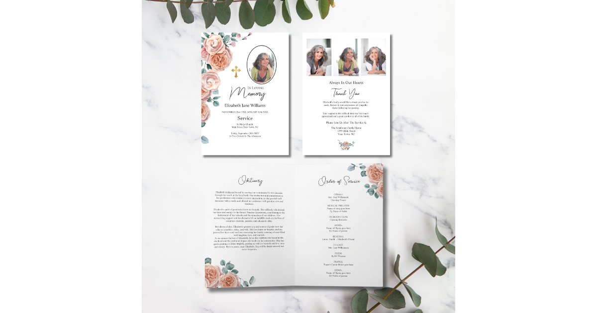 Christian Peach Rose Funeral Order of Service Card | Zazzle