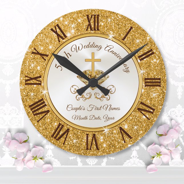Christian Personalized Golden Anniversary Gifts Large Clock (50th anniversary clock. 50 year wedding anniversary presents for parents. Golden anniversary gifts. )