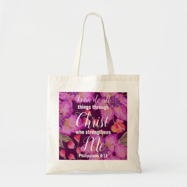 Christian Philippians 4:13 Bible Verse Floral Tote Bag (Front)