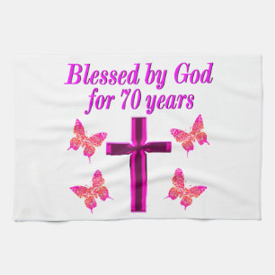 CHRISTIAN PINK 70TH BIRTHDAY CROSS DESIGN KITCHEN TOWEL