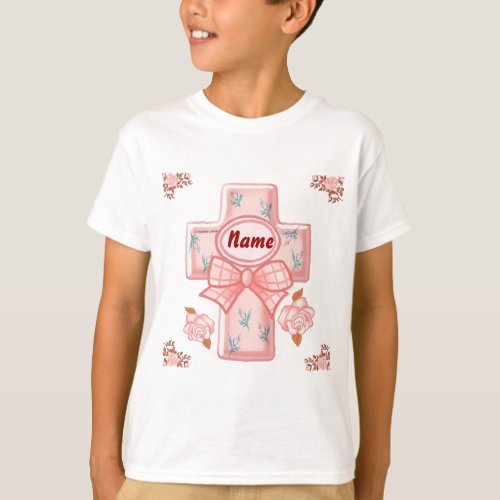 Christian Pink Bow Cross custom name kids T_Shirt