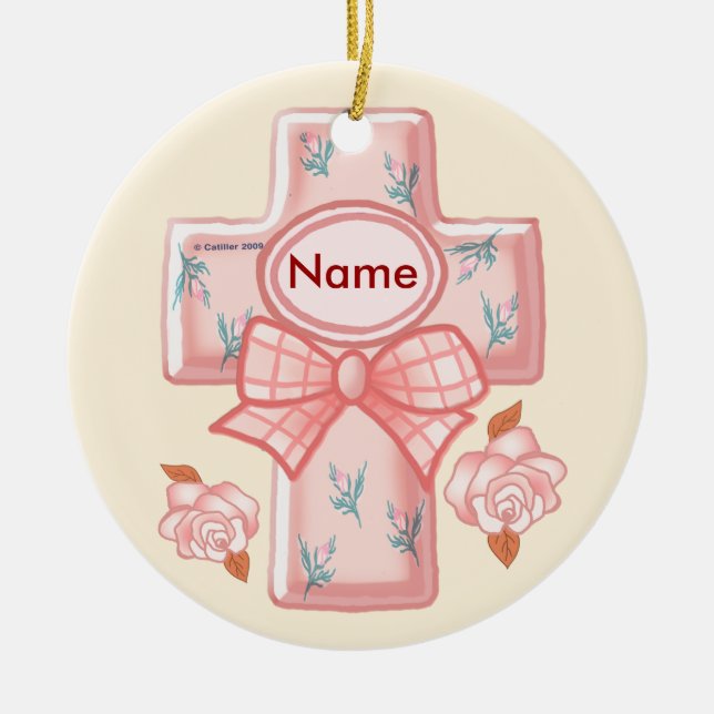 Christian Pink Bow Cross Ornament (Front)