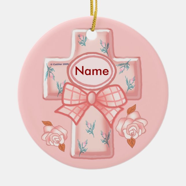 Christian Pink Bow Cross Ornament (Front)