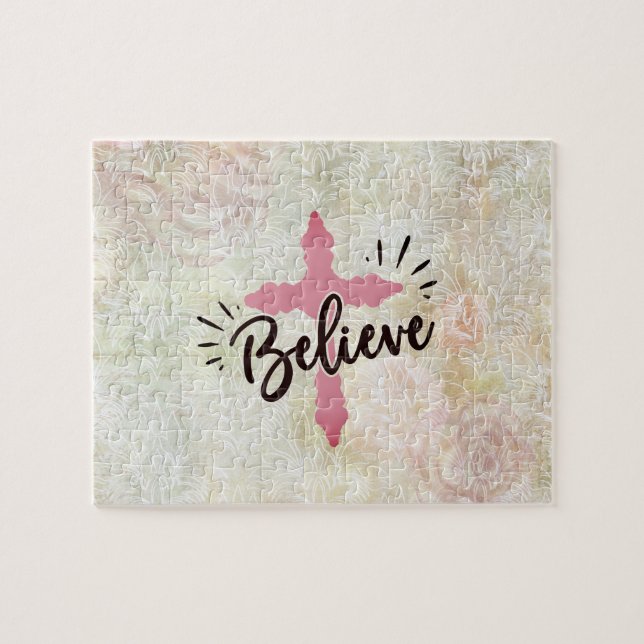 Christian Pink Cross Believe Jigsaw Puzzle (Horizontal)