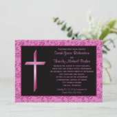 Christian Pink Cross on Black Wedding Invitation (Standing Front)