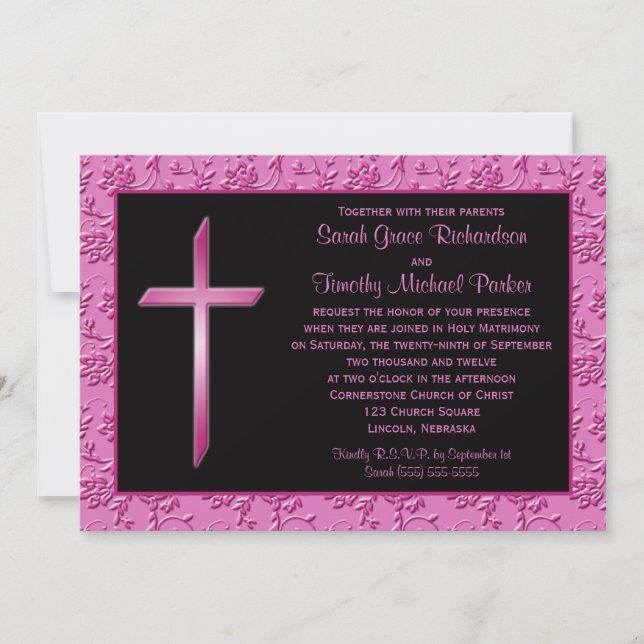 Christian Pink Cross on Black Wedding Invitation (Front)
