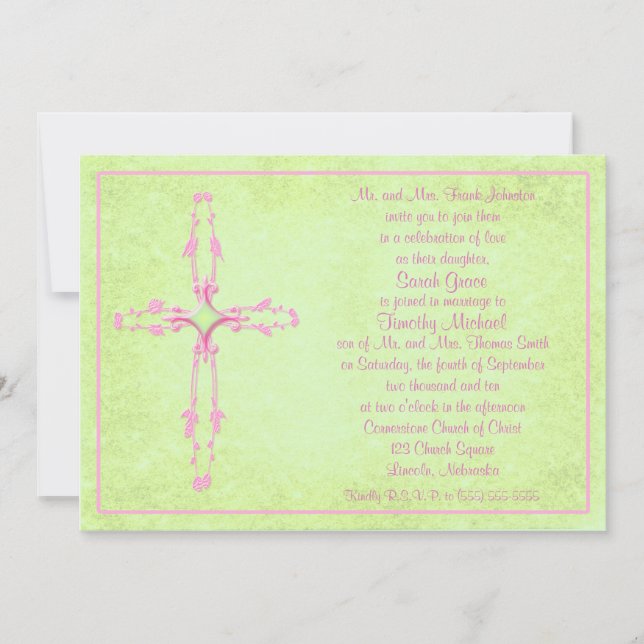 Christian Pink Cross on Green Wedding Invitation (Front)