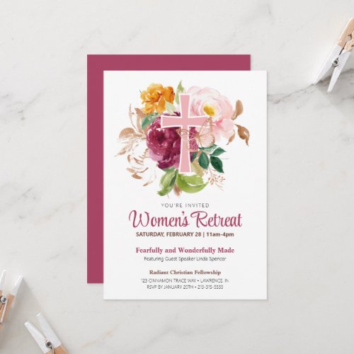 Christian Pink Floral Cross Women's Church Retreat Invitation