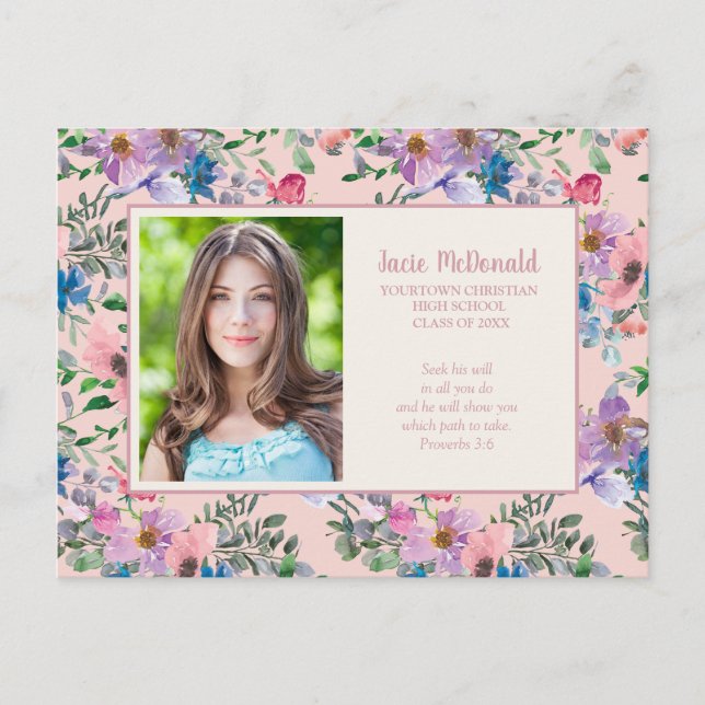 Christian Pink Purple Floral Graduation Photo Announcement Postcard (Front)