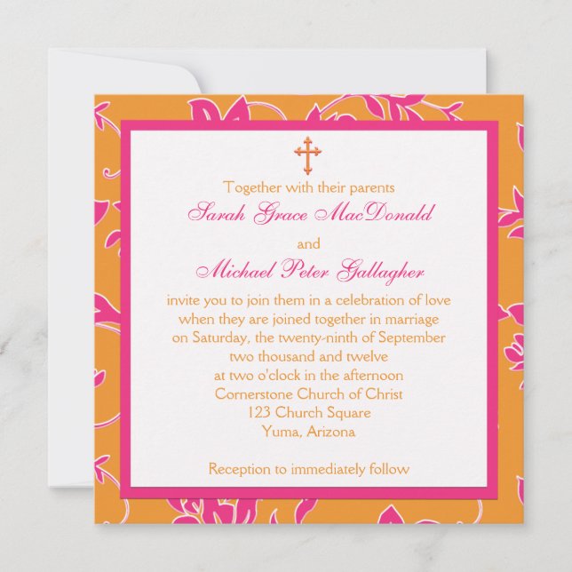 Christian Pink Tangerine Floral Wedding Invitation (Front)