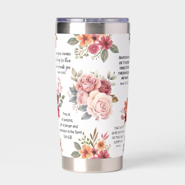 Christian PRAYER Peach Floral Insulated Tumbler (Back)