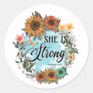 Christian Proverbs 31 She is Strong Sunflowers Classic Round Sticker