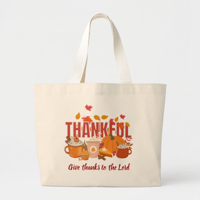 Christian Pumpkin THANKFUL Thanksgiving Large Tote Bag (Front)