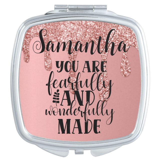 Christian Quote Fearfully Made Faux Glitter Pink Compact Mirror (Front)
