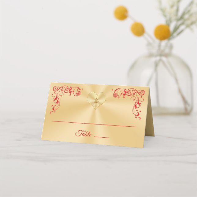 Christian Red and Gold gold Wedding Place Cards (Front)