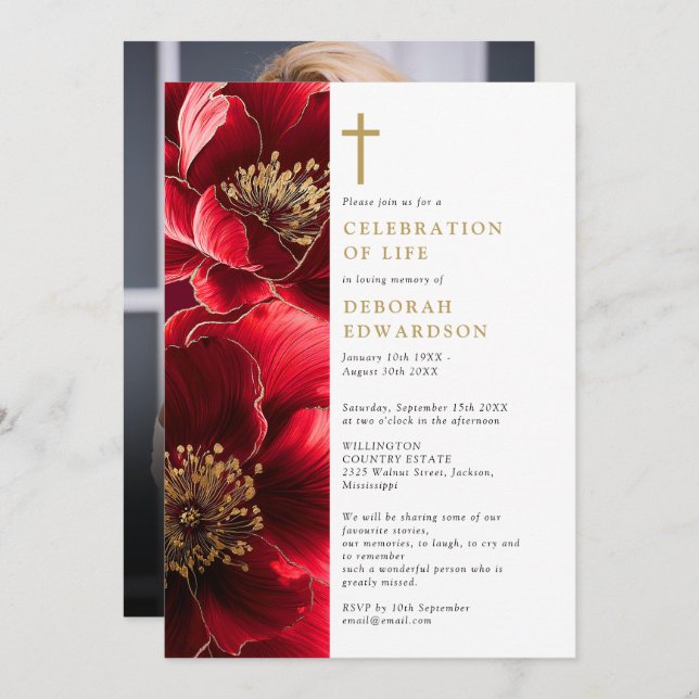 Christian Red Elegant Celebration Of Life Photo Invitation (Front/Back)