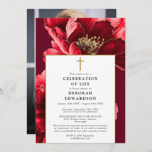 Christian Red Elegant Celebration Of Life Photo Invitation