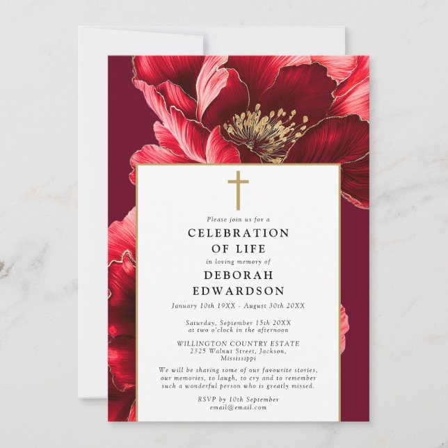 Christian Red Elegant Floral Celebration Of Life Invitation (Front)