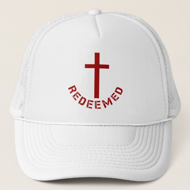 Christian Redeemed Cross and Red Text Design Trucker Hat (Front)