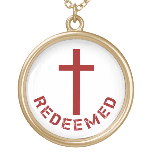 Christian Redeemed Red Cross and Text Design Gold Plated Necklace (Front)