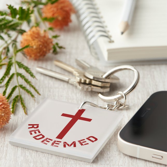 Christian Redeemed Red Cross and Text Design Keychain (Front Right)