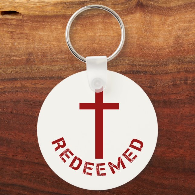 Christian Redeemed Red Cross and Text Design Keychain (Front)