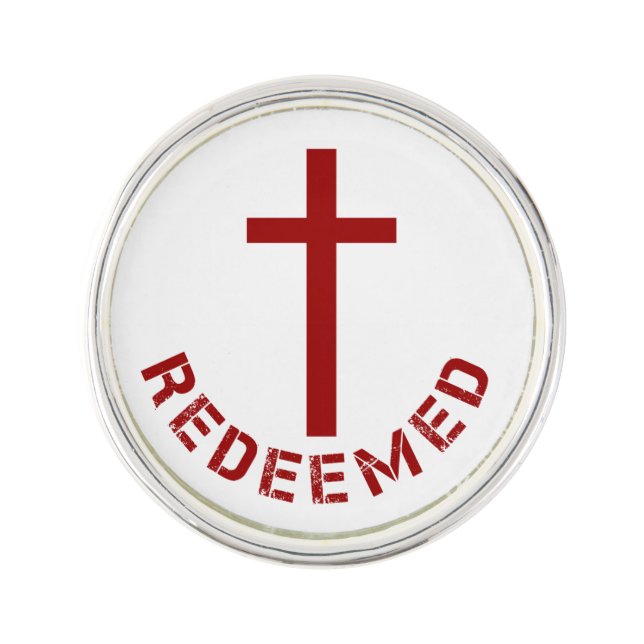 Christian Redeemed Red Cross and Text Design Lapel Pin (Front)