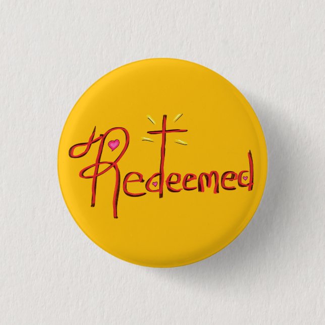 Christian ‘Redeemed’ with Cross and Hearts Yellow Button (Front)