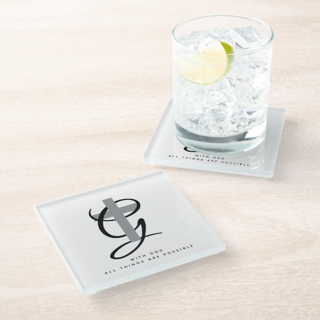 Christian religious cross elegant monogram glass coaster (Angled)
