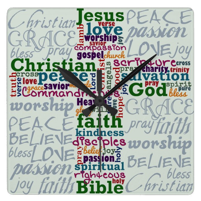 Christian Religious Word Art Cross Square Wall Clock Zazzle Com