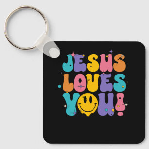 Christian Retro Jesus Loves You Religious Faith Go Keychain
