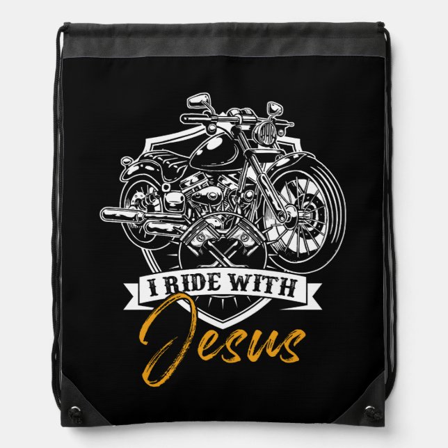 Christian Riding Motorcycle Biker Ride Jesus Faith Drawstring Bag (Front)