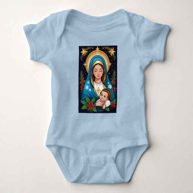 Christian Roman Catholic Virgin Mary Christmas Baby Bodysuit (Front)