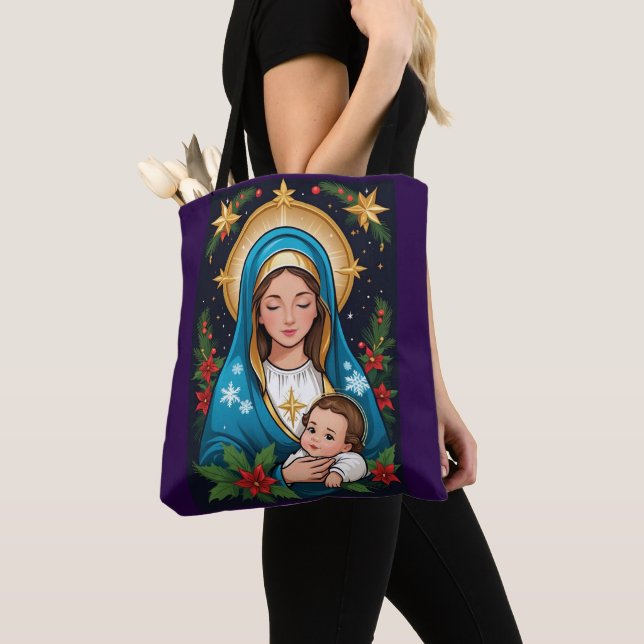 Christian Roman Catholic Virgin Mary Christmas Tote Bag (Close Up)