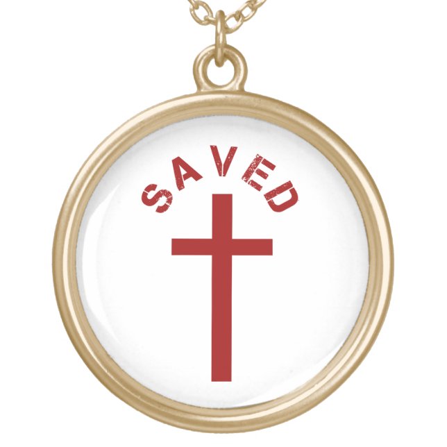 Christian Saved Red Cross and Text Design Gold Plated Necklace (Front)