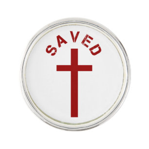 Christian Saved Red Cross and Text Design Lapel Pin