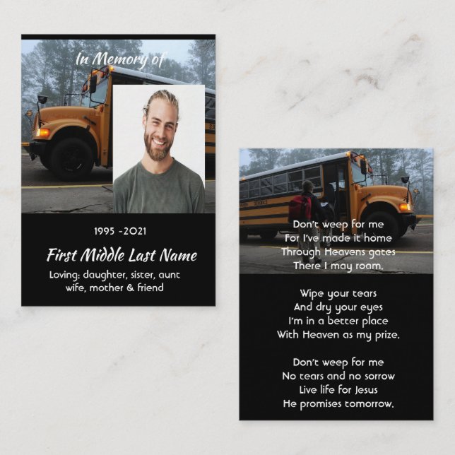 Christian School Bus Driver Memorial Keepsake  Business Card (Front/Back)