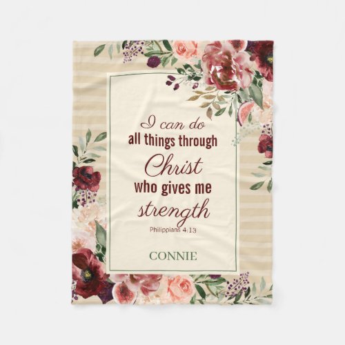 Christian Scripture Burgundy Floral Personalized Fleece Blanket
