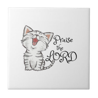 Christian scripture gift with cute cat, Praise The Ceramic Tile